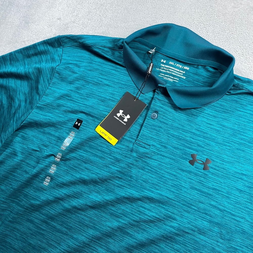 Under Armour Men Performance Polo Shirt 2XL Teal Heather Short Sleeve UPF 50 New